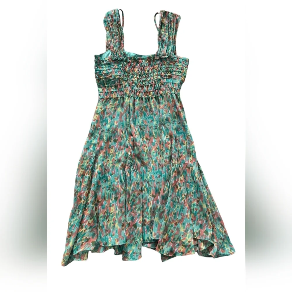 Watercolor Floral Smocked Asymmetrical Dress XS Green Boho Cottagecore Fairycore